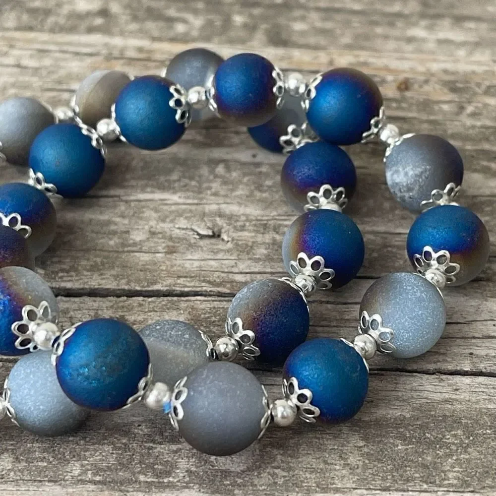 Druzy Peacock Aura Agate Crystal 10mm NEW blue purple white gold bracelet ONE st